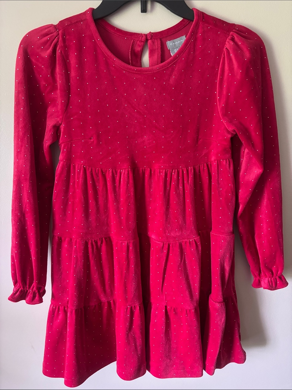 Tahari Girls' Red Velvet Tiered Dress with Silver Dots